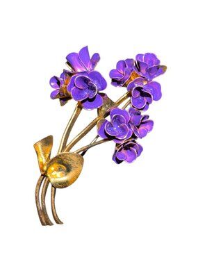 Vintage Floral Brooch Enamel on Gold Tone Metal Purple Flowers